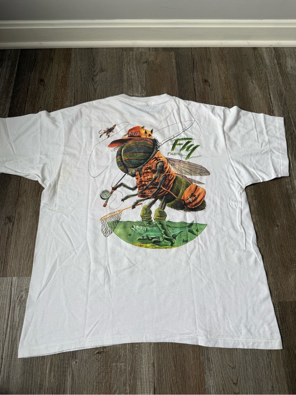 VTG Caribbean Sou Colorful Fly Fishing Graphic T-shirt White Fly Cartoon XL